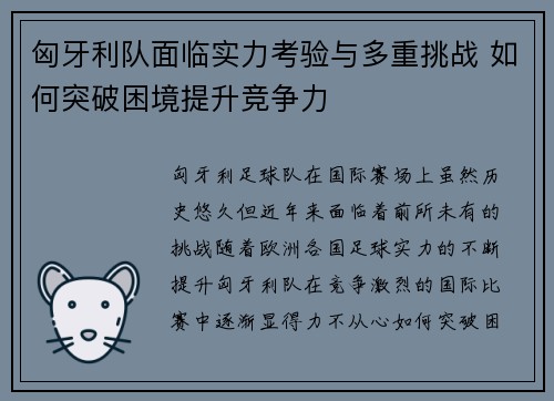 匈牙利队面临实力考验与多重挑战 如何突破困境提升竞争力